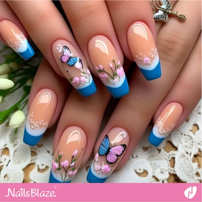 Double French Peach Fuzz Nails with Floral and Butterfly Design | Color of the Year 2024 - NB1818